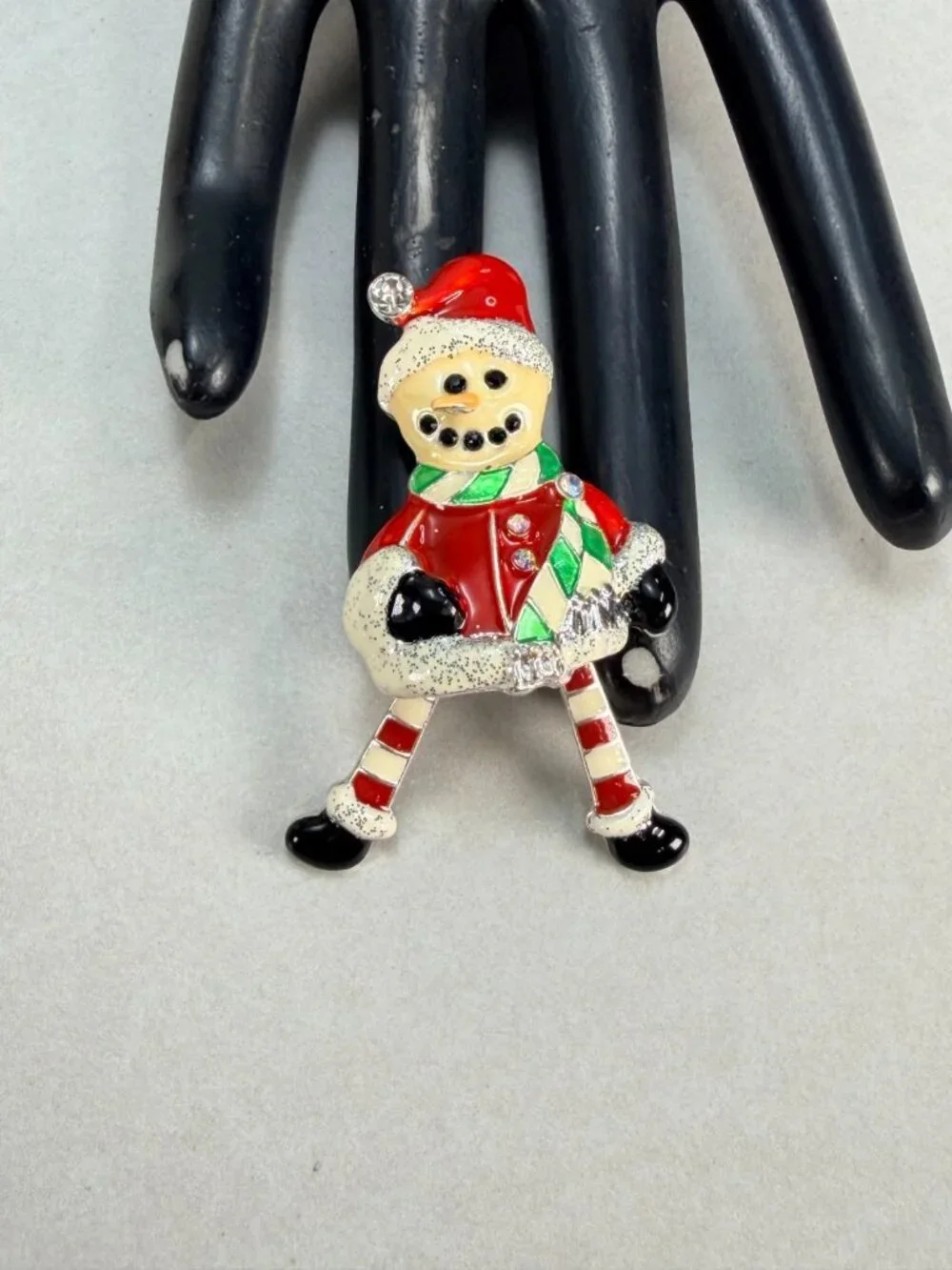Vintage Christmas Snowman Dangling Legs Enamel Rhinestone Brooch Pin Holiday